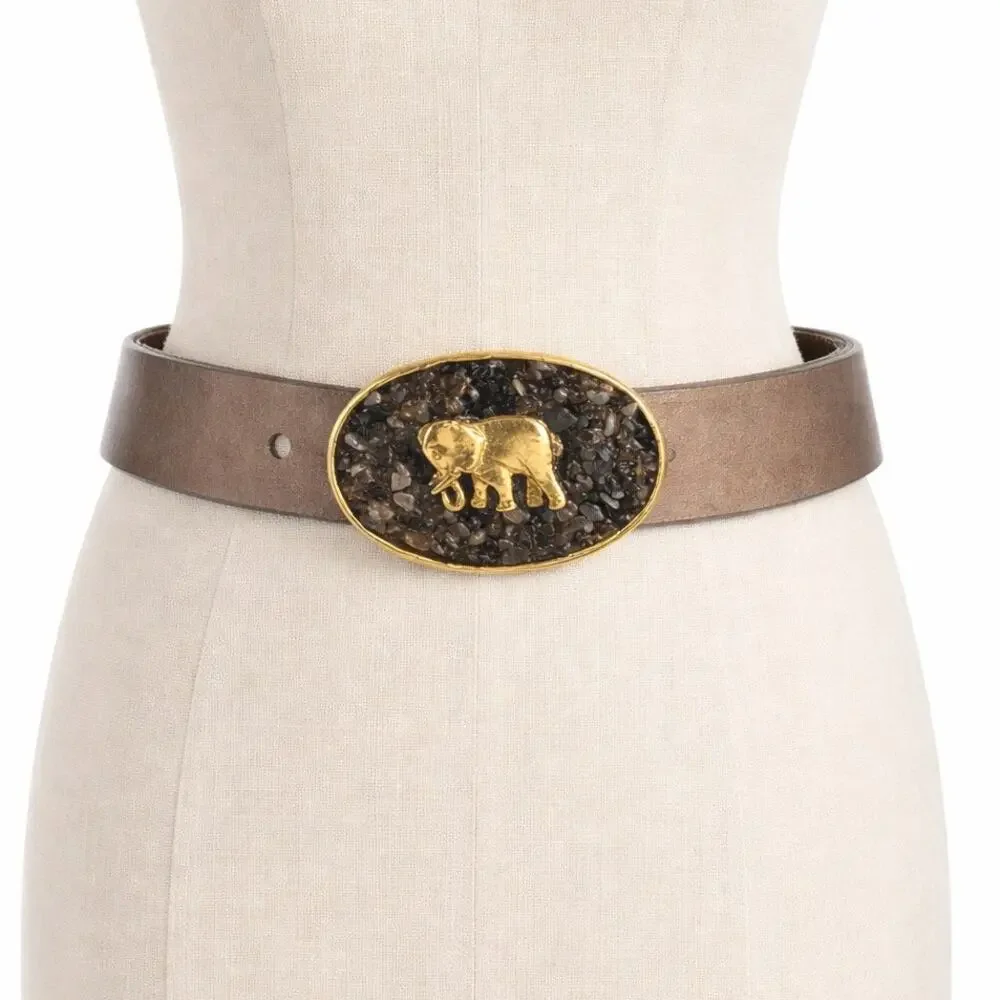 Swanky Belts Elephant Stone Buckle Leather Belt Medium 33-37